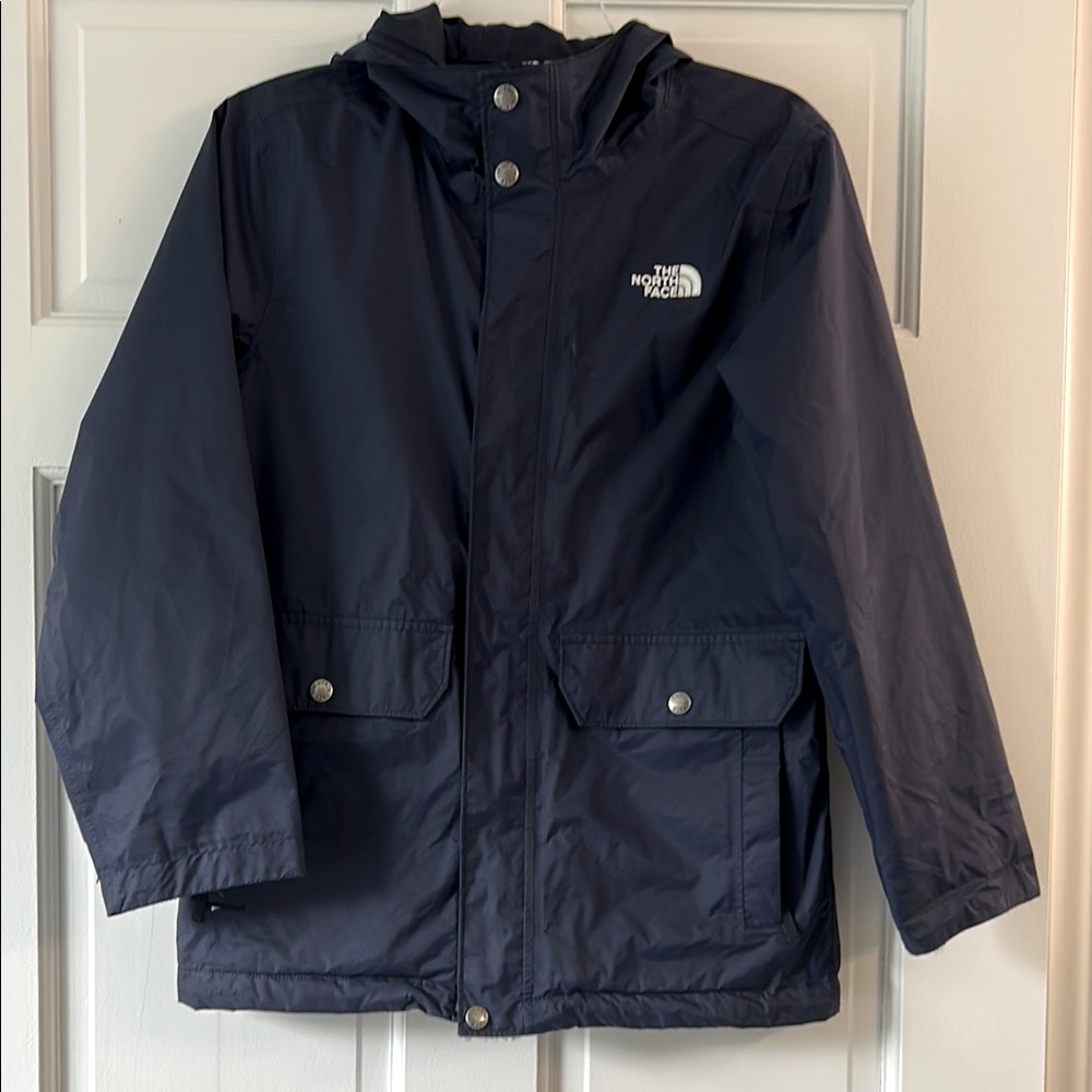 Boys The North Face Navy Blue Raincoat Weather-Resistant Hooded Design sz 10-12